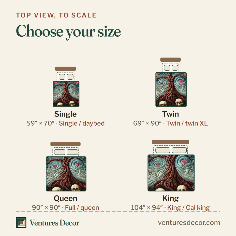 Size guide for the Garden of Soul Blossom Tree Pale Roots quilt, top view to scale: Single 59 x 70 in, Twin 69 x 90 in, Queen 90 x 90 in, King 104 x 94 in