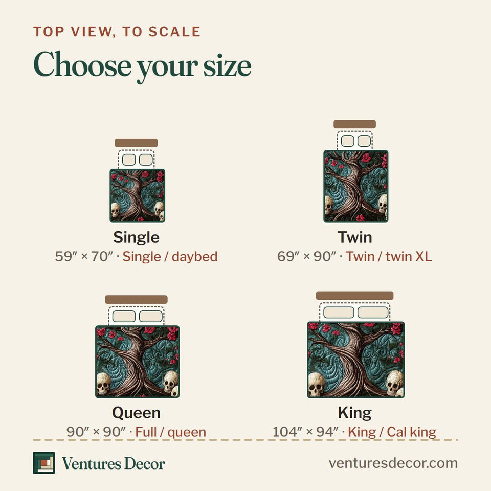 Size guide for the Garden of Soul Crimson Blossom Night quilt, top view to scale: Single 59 x 70 in, Twin 69 x 90 in, Queen 90 x 90 in, King 104 x 94 in