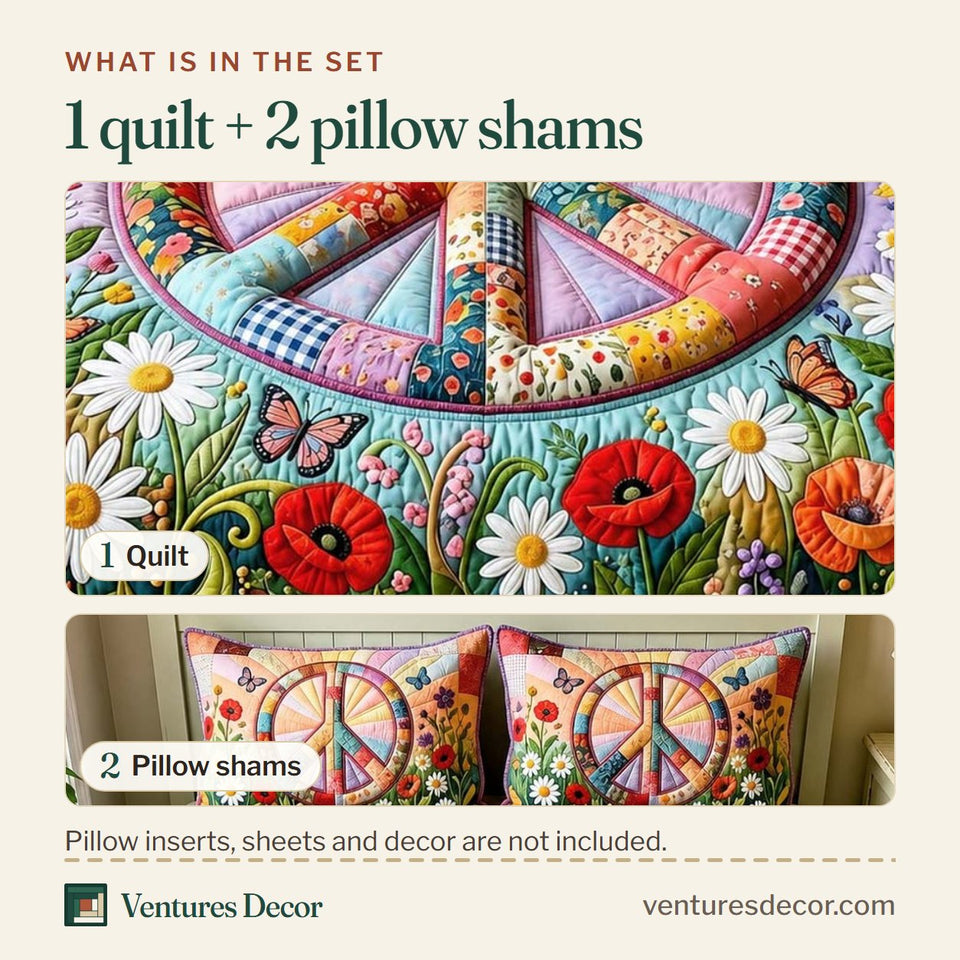 What is in the set: one quilt and two pillow shams, shown in the Garden Peace design