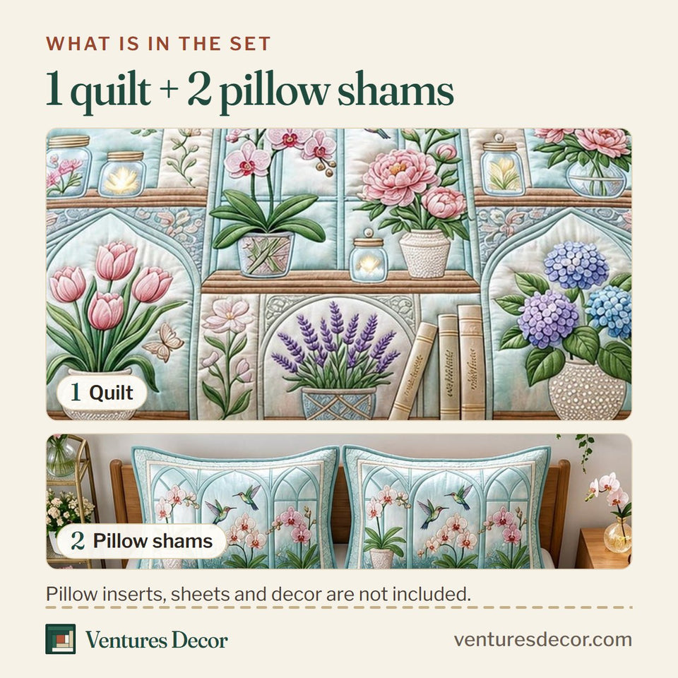 What is in the set: one quilt and two pillow shams, shown in the Garden Window Bloom Shelf design