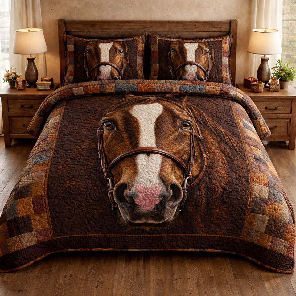 Gentle Brown Horse quilted bedding set, quilt and two pillow shams on a made bed