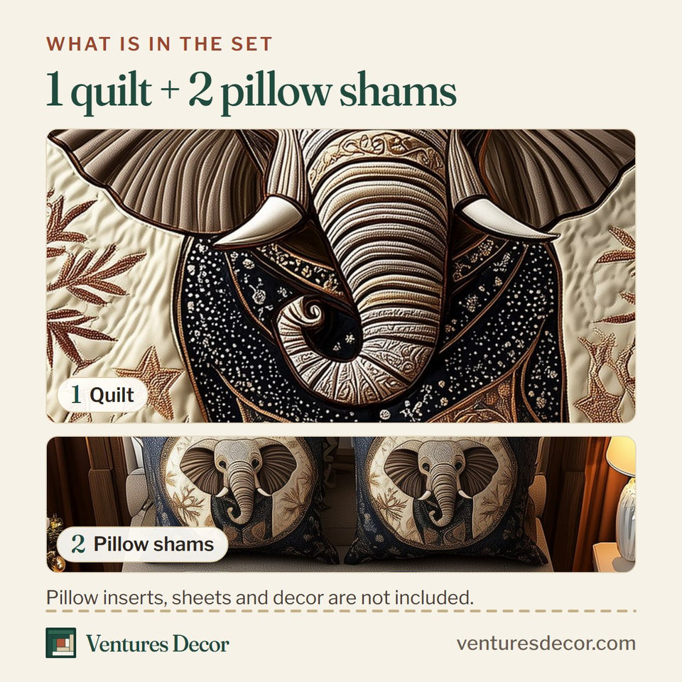 What is in the set: one quilt and two pillow shams, shown in the Gentle Elephant Navy Snowflake Medallion design