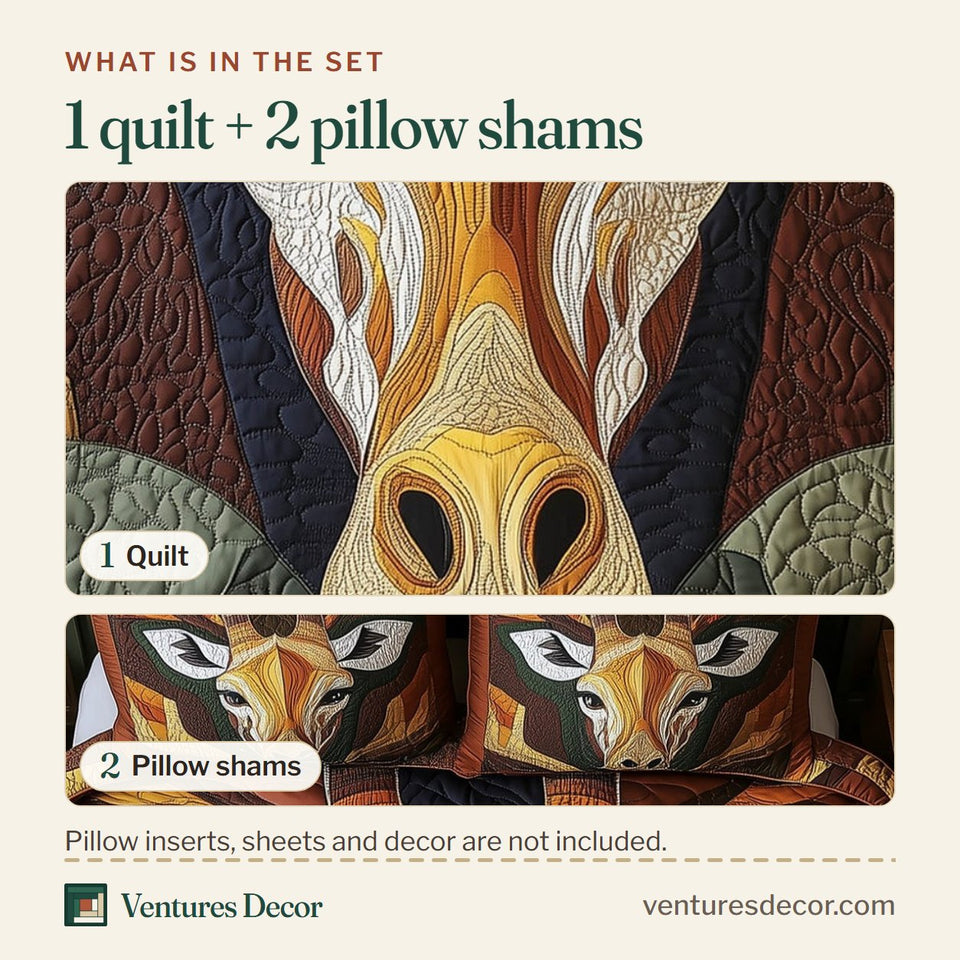 What is in the set: one quilt and two pillow shams, shown in the Gentle Giraffe Gaze design