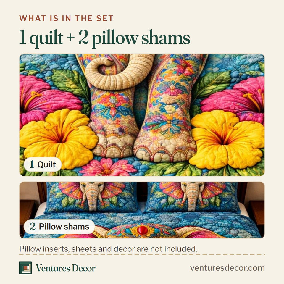 What is in the set: one quilt and two pillow shams, shown in the Gentle Jumbo Hibiscus Blue Portrait design