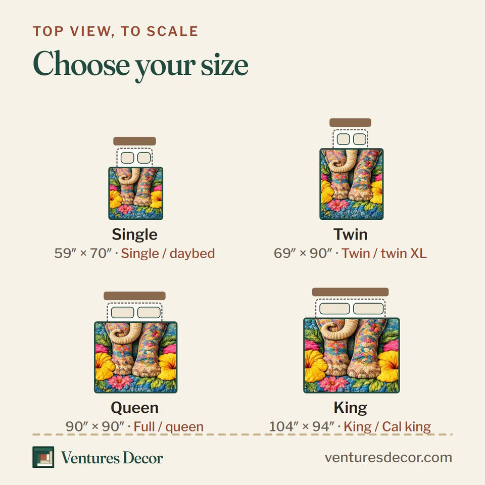 Size guide for the Gentle Jumbo Hibiscus Blue Portrait quilt, top view to scale: Single 59 x 70 in, Twin 69 x 90 in, Queen 90 x 90 in, King 104 x 94 in