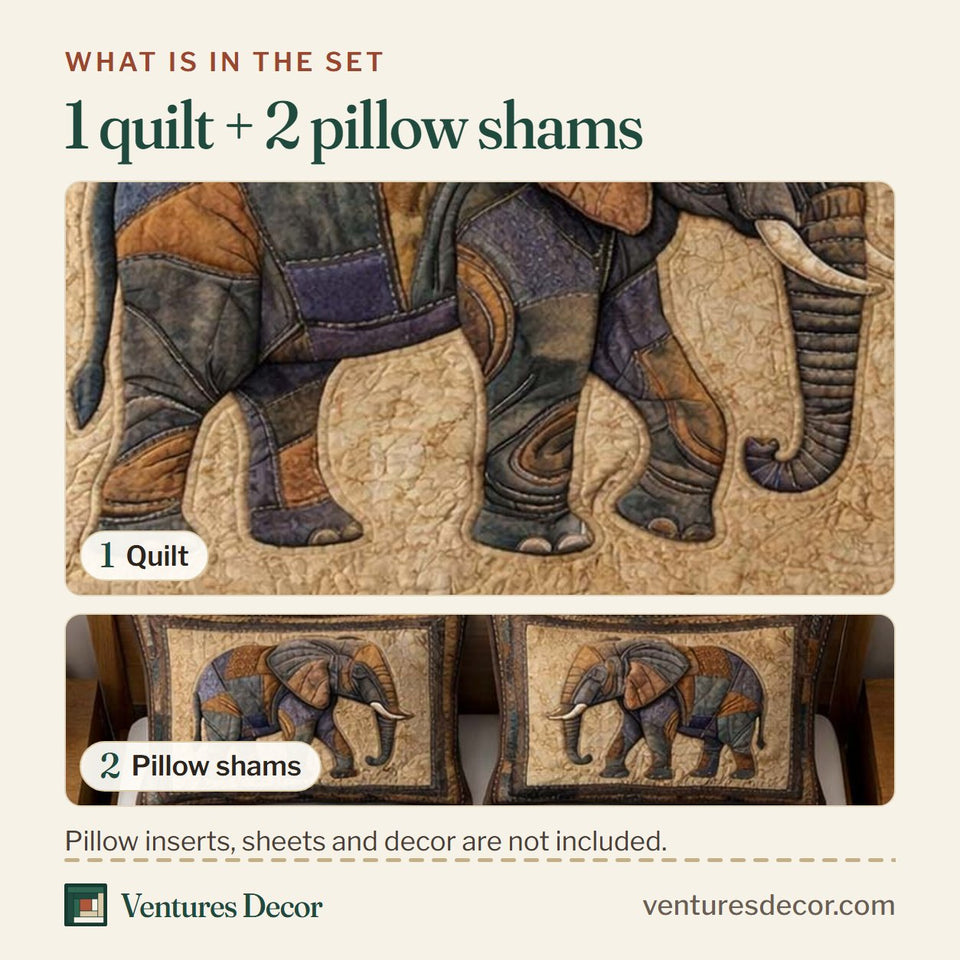 What is in the set: one quilt and two pillow shams, shown in the Gentle Jumbo Mosaic Tile Elephant design