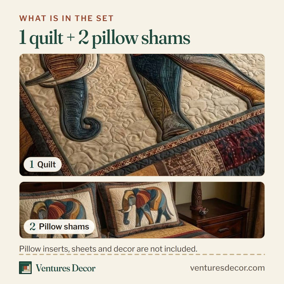 What is in the set: one quilt and two pillow shams, shown in the Gentle Jumbo Rust Frame Walker design