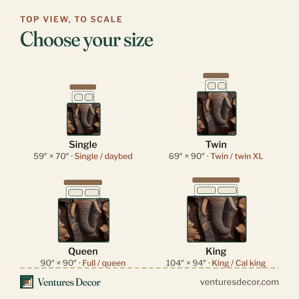 Size guide for the Gentle Jumbo Stone Wall Relief quilt, top view to scale: Single 59 x 70 in, Twin 69 x 90 in, Queen 90 x 90 in, King 104 x 94 in