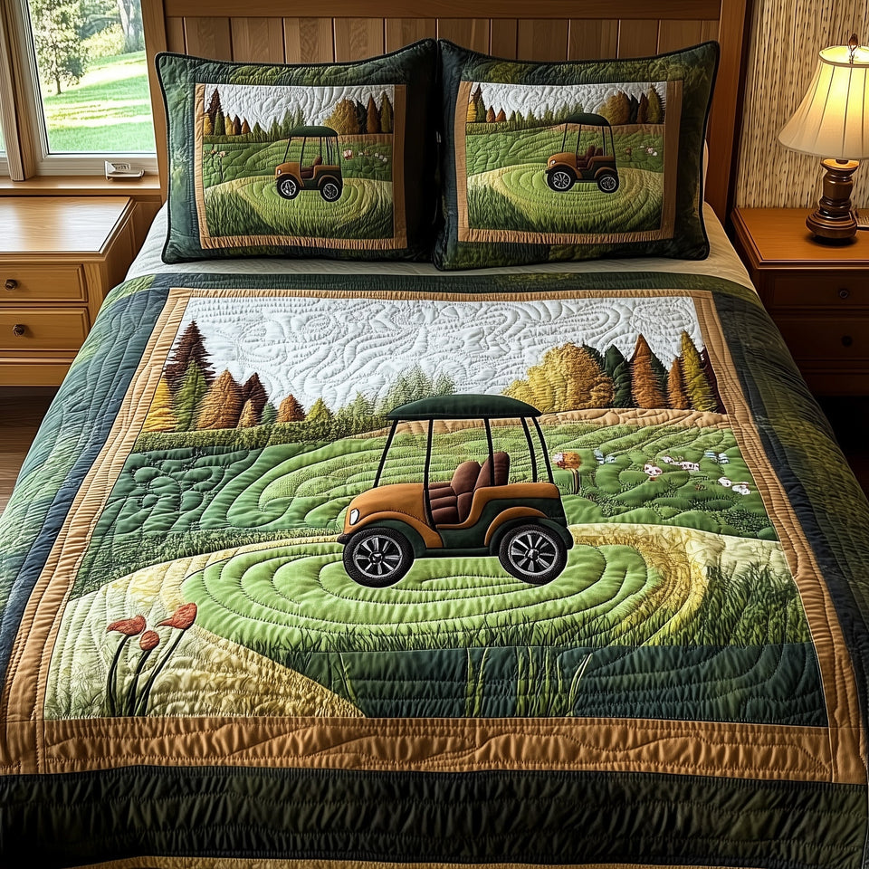 Gentle Rounds Cart on the Green Fairway quilted bedding set, quilt and two pillow shams on a made bed