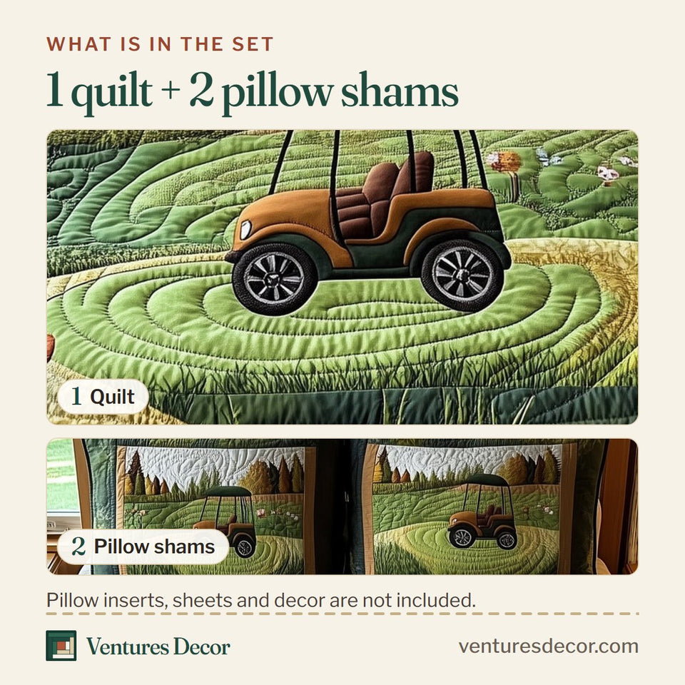 What is in the set: one quilt and two pillow shams, shown in the Gentle Rounds Cart on the Green Fairway design