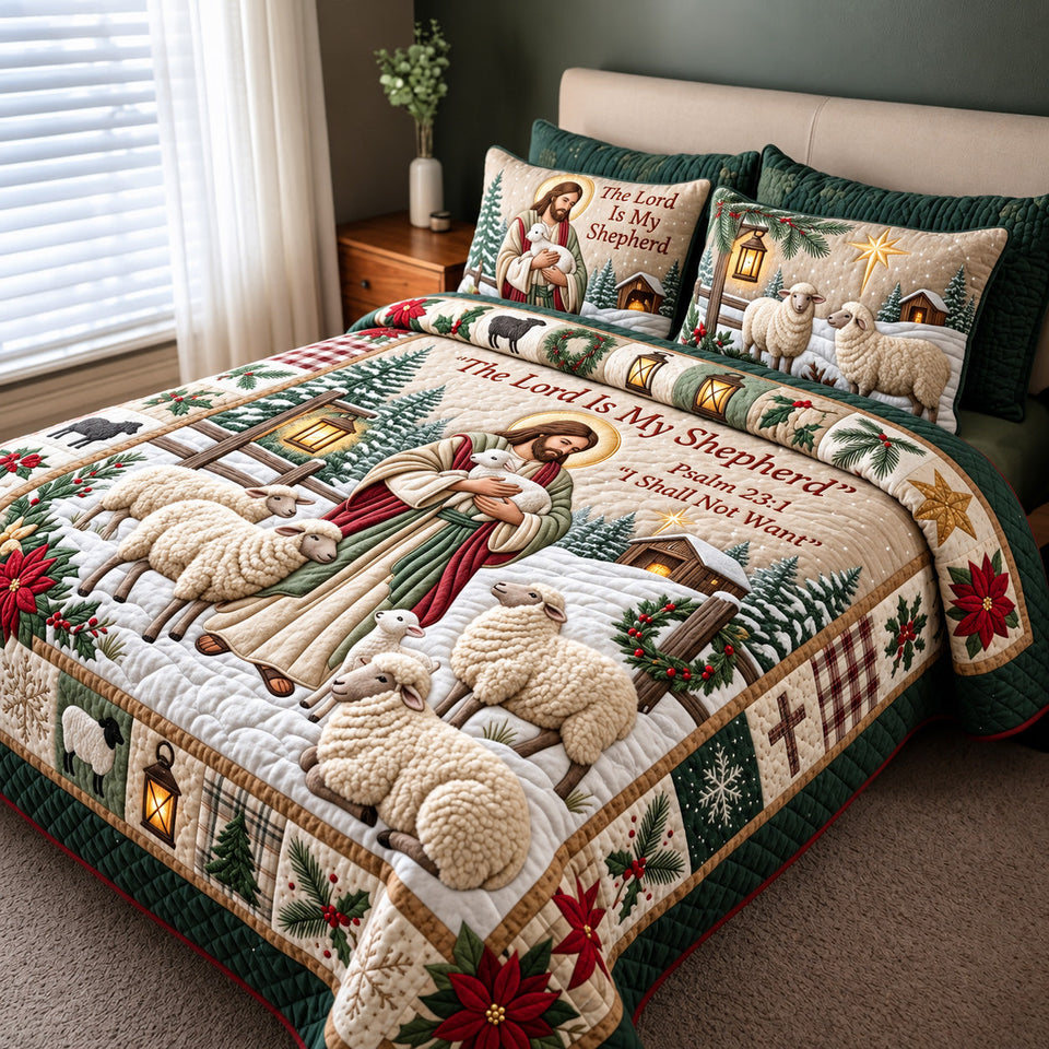 Gentle Shepherd quilted bedding set, quilt and two pillow shams on a made bed