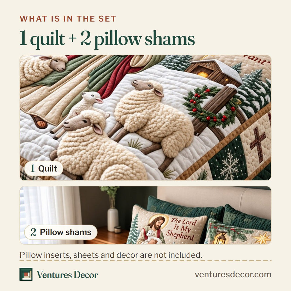 What is in the set: one quilt and two pillow shams, shown in the Gentle Shepherd Quilt Set, 3-Piece Quilted Bedding with 2 Pillow Shams design