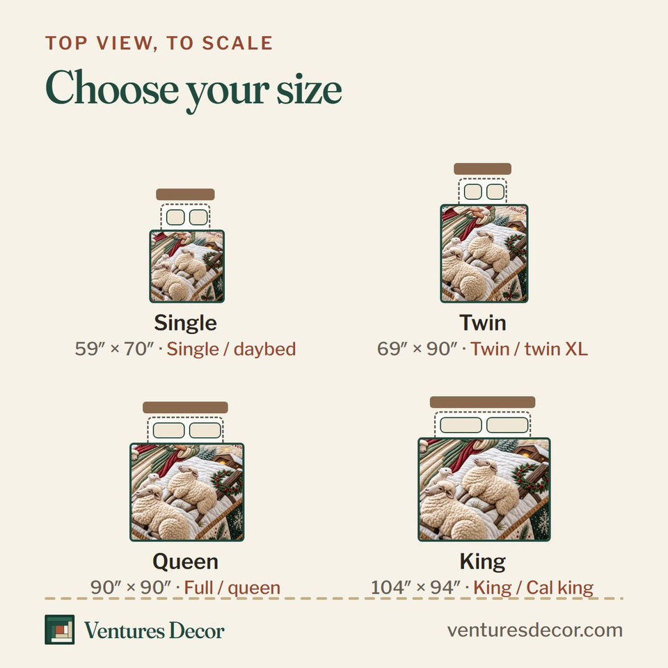 Size guide for the Gentle Shepherd Quilt Set, 3-Piece Quilted Bedding with 2 Pillow Shams quilt, top view to scale: Single 59 x 70 in, Twin 69 x 90 in, Queen 90 x 90 in, King 104 x 94 in