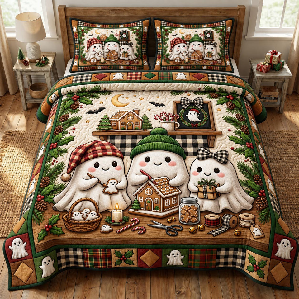 Ghost Bakers Gingerbread Night quilted bedding set, quilt and two pillow shams on a made bed