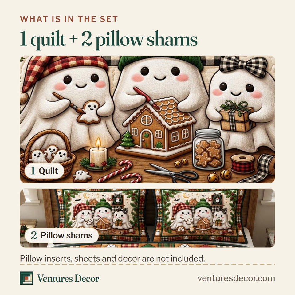 What is in the set: one quilt and two pillow shams, shown in the Ghost Bakers Gingerbread Night design