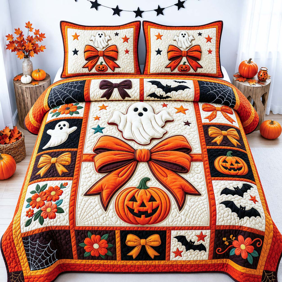 Ghost Bow Magic quilted bedding set, quilt and two pillow shams on a made bed