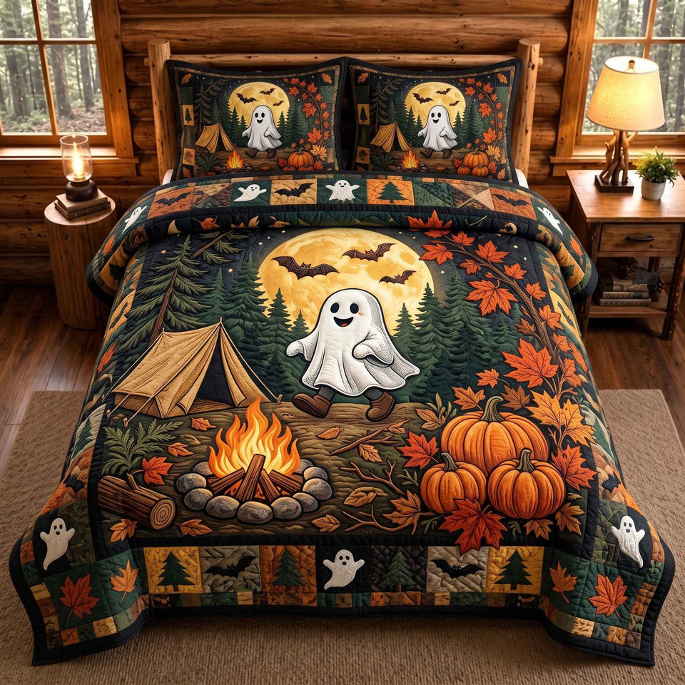 Ghost Campout quilted bedding set, quilt and two pillow shams on a made bed