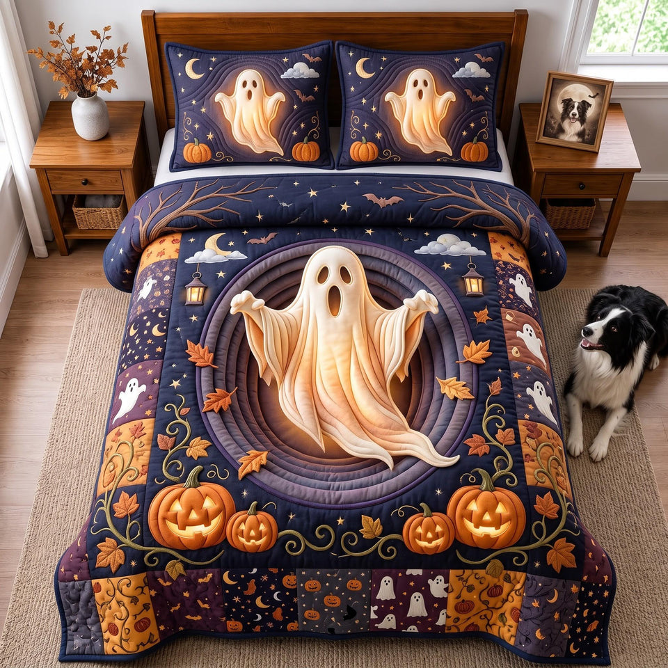Ghost Pumpkin quilted bedding set, quilt and two pillow shams on a made bed