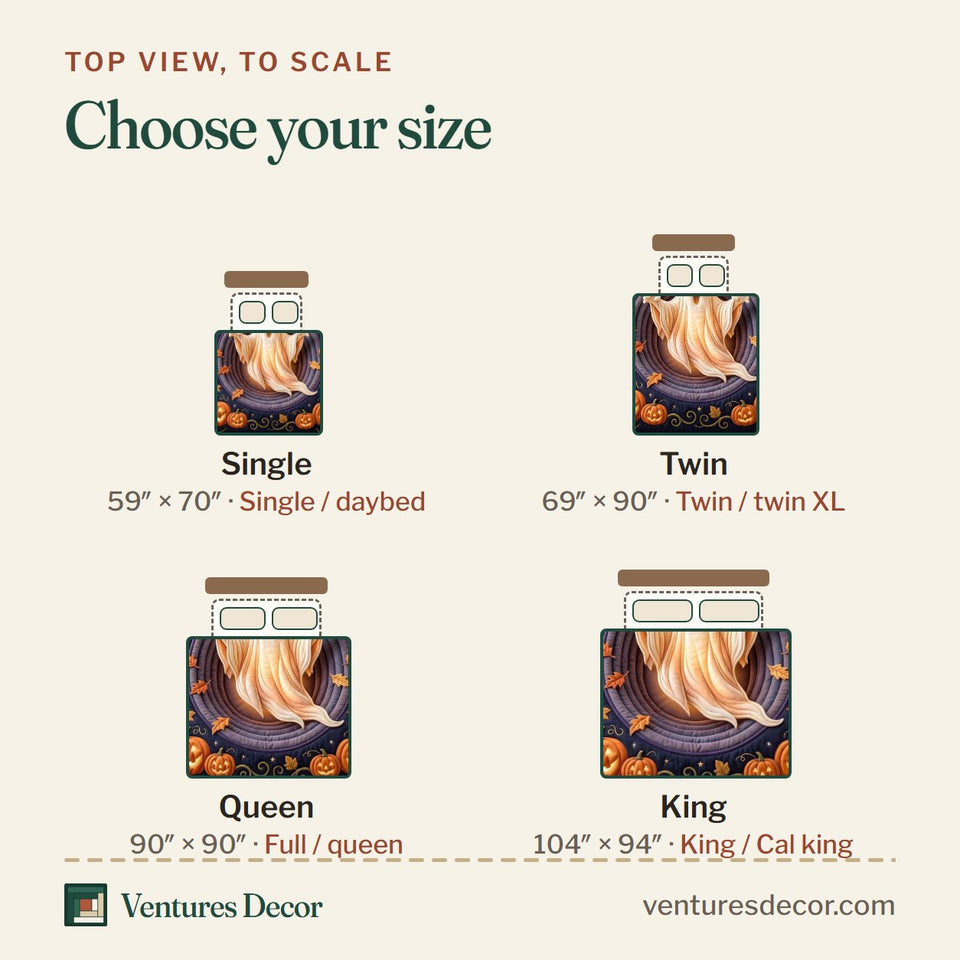 Size guide for the Ghost Pumpkin quilt, top view to scale: Single 59 x 70 in, Twin 69 x 90 in, Queen 90 x 90 in, King 104 x 94 in