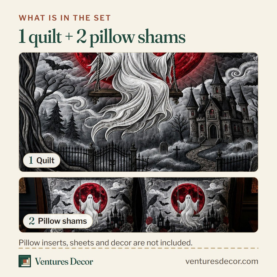 What is in the set: one quilt and two pillow shams, shown in the Ghost Swing Blood Moon design