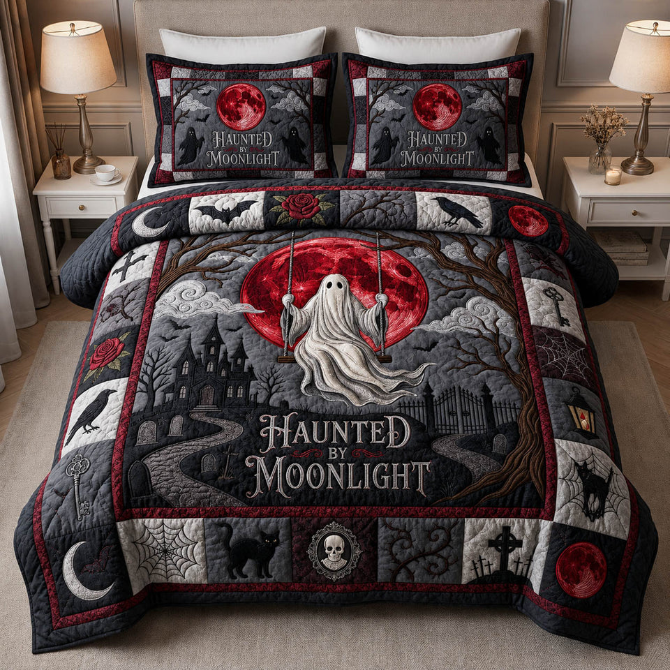 Ghost Swing quilted bedding set, quilt and two pillow shams on a made bed