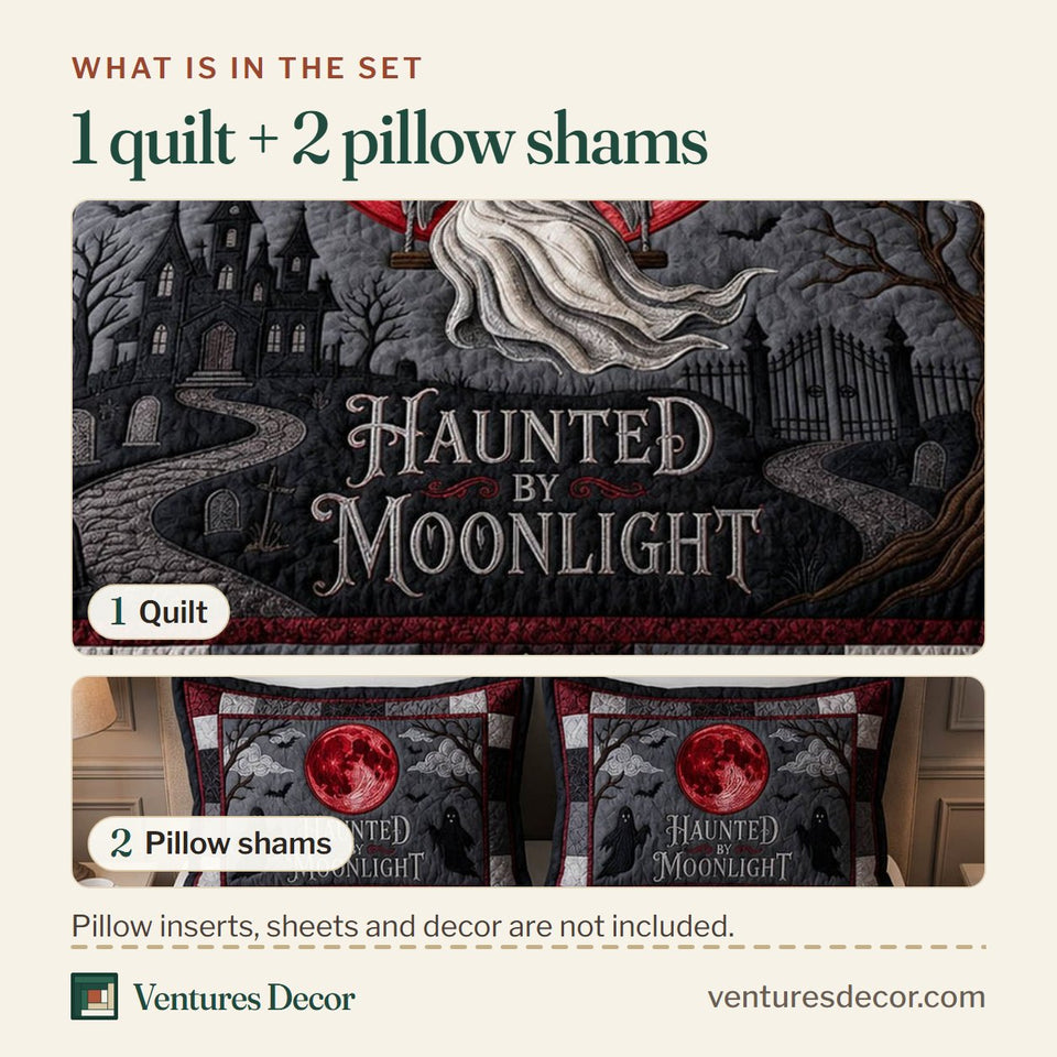 What is in the set: one quilt and two pillow shams, shown in the Ghost Swing design