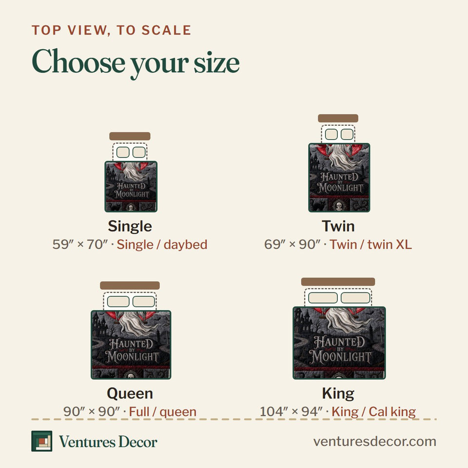 Size guide for the Ghost Swing quilt, top view to scale: Single 59 x 70 in, Twin 69 x 90 in, Queen 90 x 90 in, King 104 x 94 in