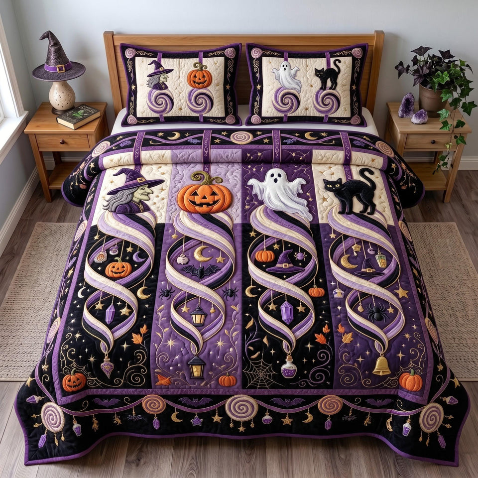 Ghost Whimsy quilted bedding set, quilt and two pillow shams on a made bed