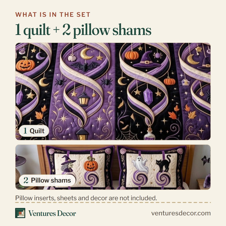 What is in the set: one quilt and two pillow shams, shown in the Ghost Whimsy design