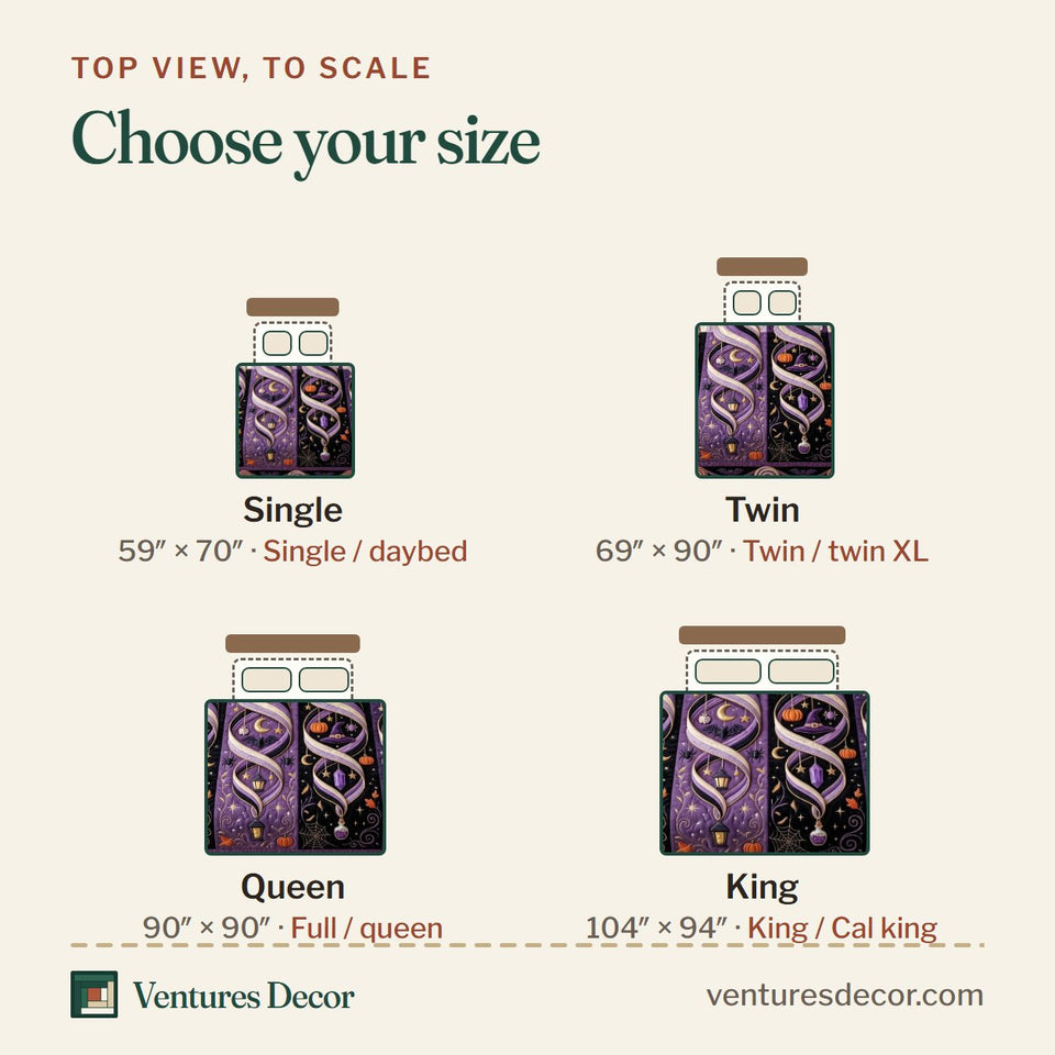 Size guide for the Ghost Whimsy quilt, top view to scale: Single 59 x 70 in, Twin 69 x 90 in, Queen 90 x 90 in, King 104 x 94 in