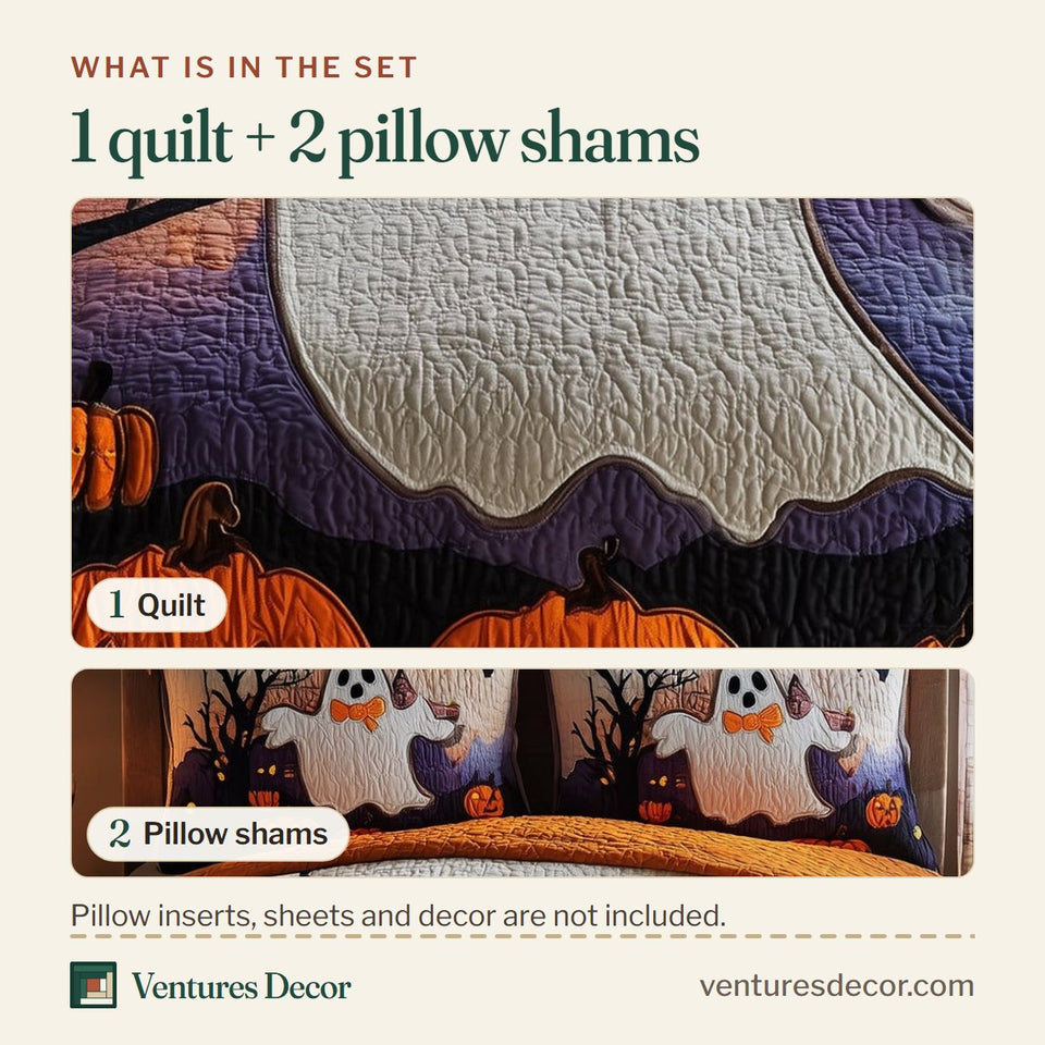 What is in the set: one quilt and two pillow shams, shown in the Ghostly Giggles Orange Bow Tie Grin design