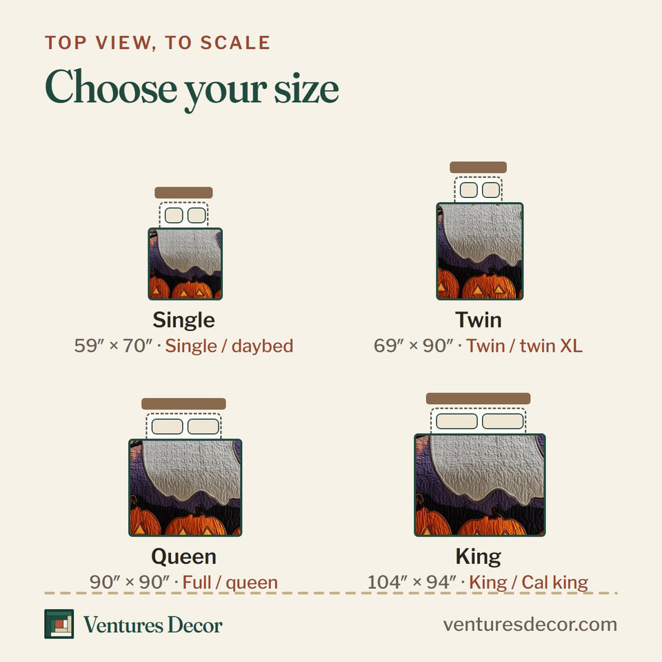 Size guide for the Ghostly Giggles Orange Bow Tie Grin quilt, top view to scale: Single 59 x 70 in, Twin 69 x 90 in, Queen 90 x 90 in, King 104 x 94 in