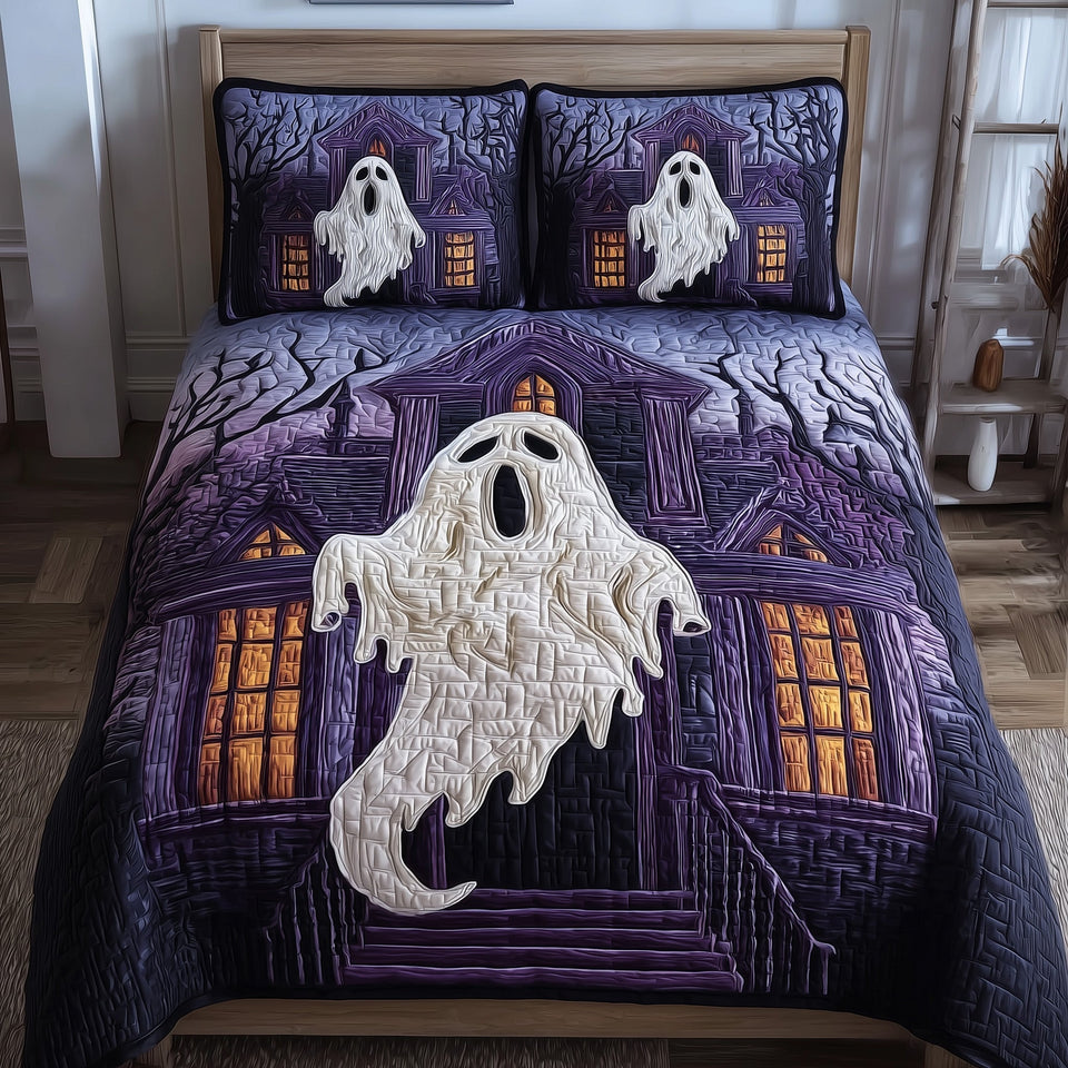 Ghostly Slumber Violet Haunt quilted bedding set, quilt and two pillow shams on a made bed