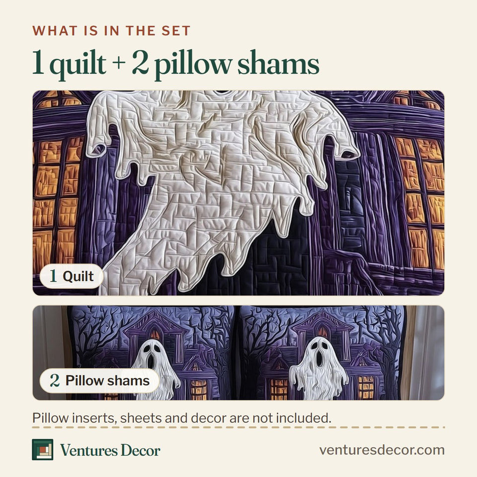 What is in the set: one quilt and two pillow shams, shown in the Ghostly Slumber Violet Haunt design