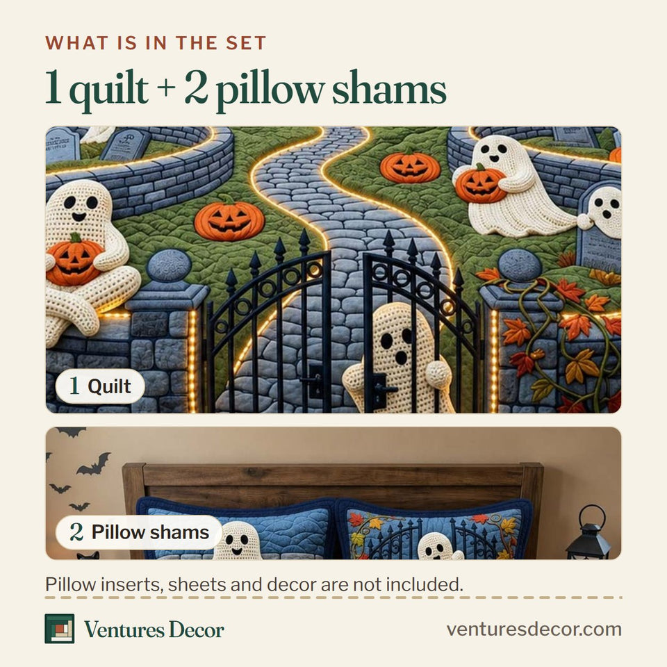 What is in the set: one quilt and two pillow shams, shown in the Ghosts at the Manor Gate design