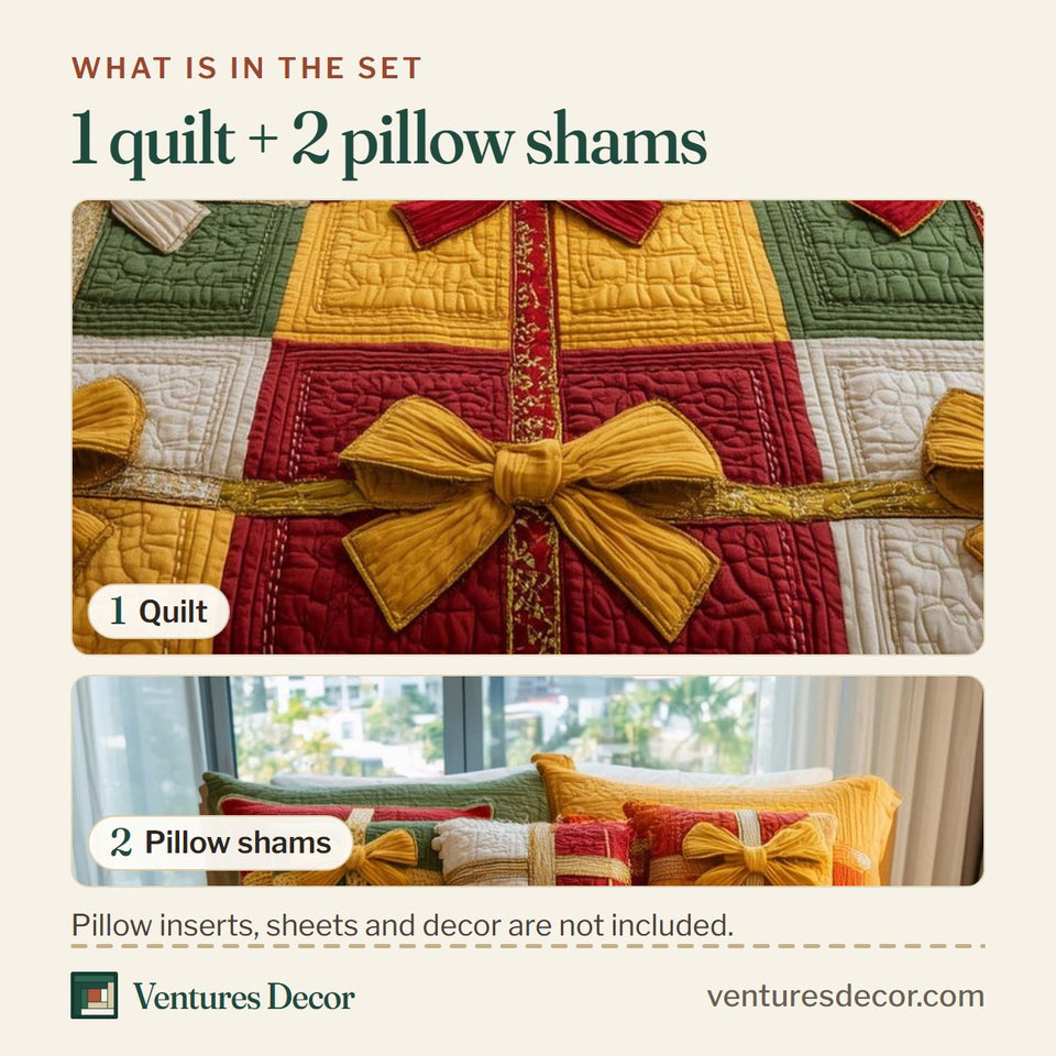 What is in the set: one quilt and two pillow shams, shown in the Gift Bow Ribbon Wrap design