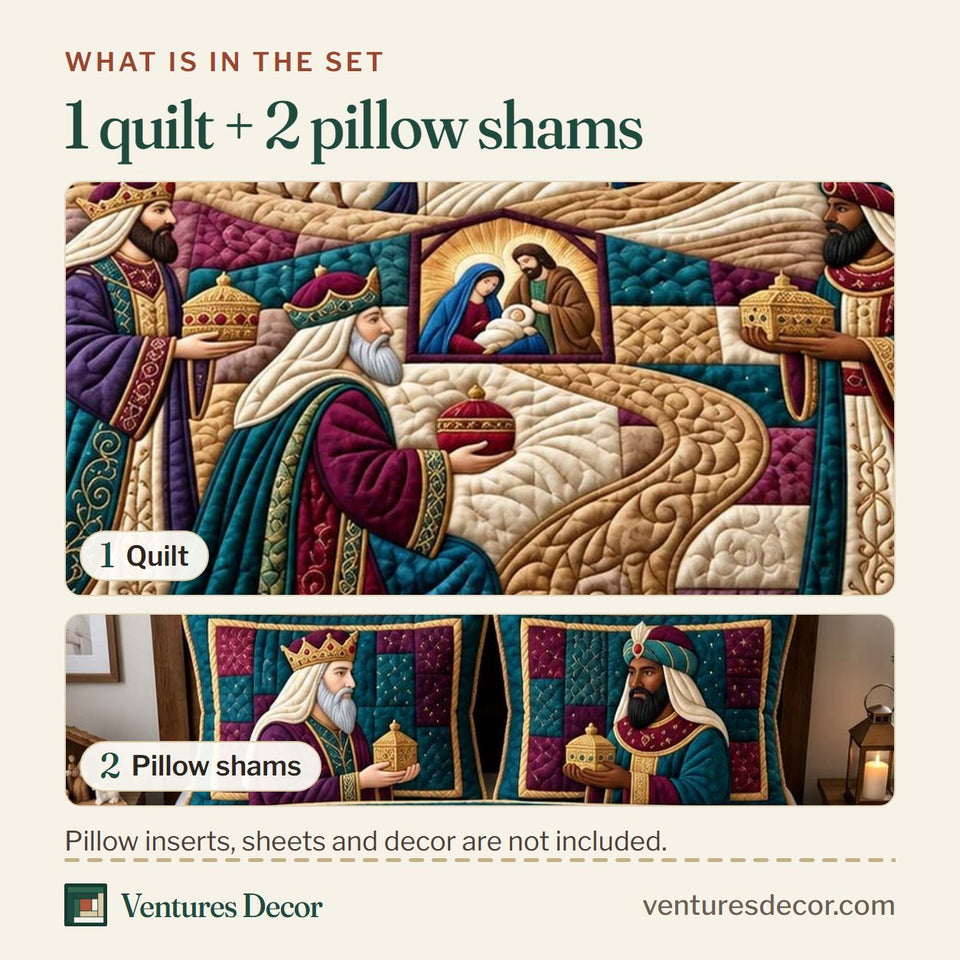 What is in the set: one quilt and two pillow shams, shown in the Gifts for Jesus design