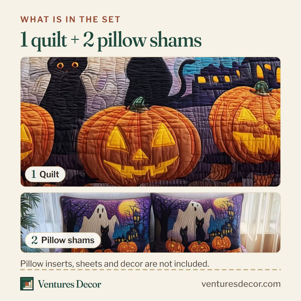 What is in the set: one quilt and two pillow shams, shown in the Giggling Ghost Hilltop design