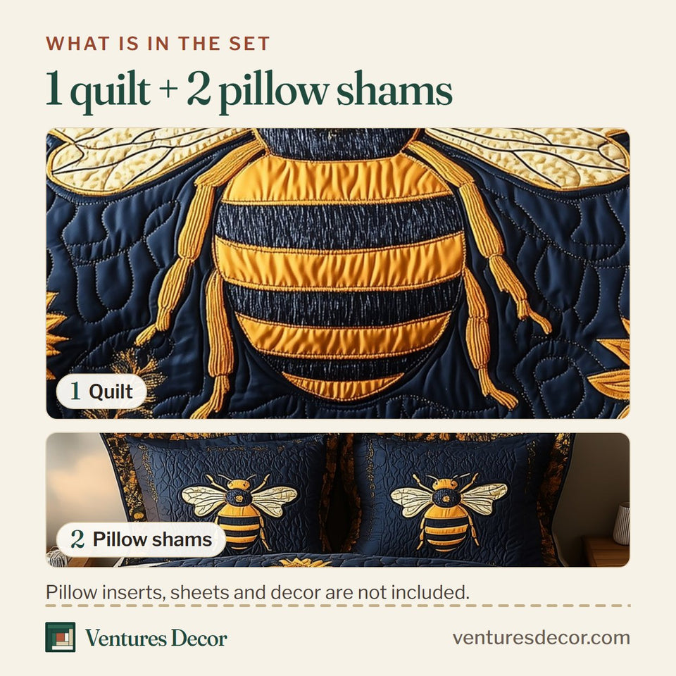 What is in the set: one quilt and two pillow shams, shown in the Gilded Bee Nocturne design
