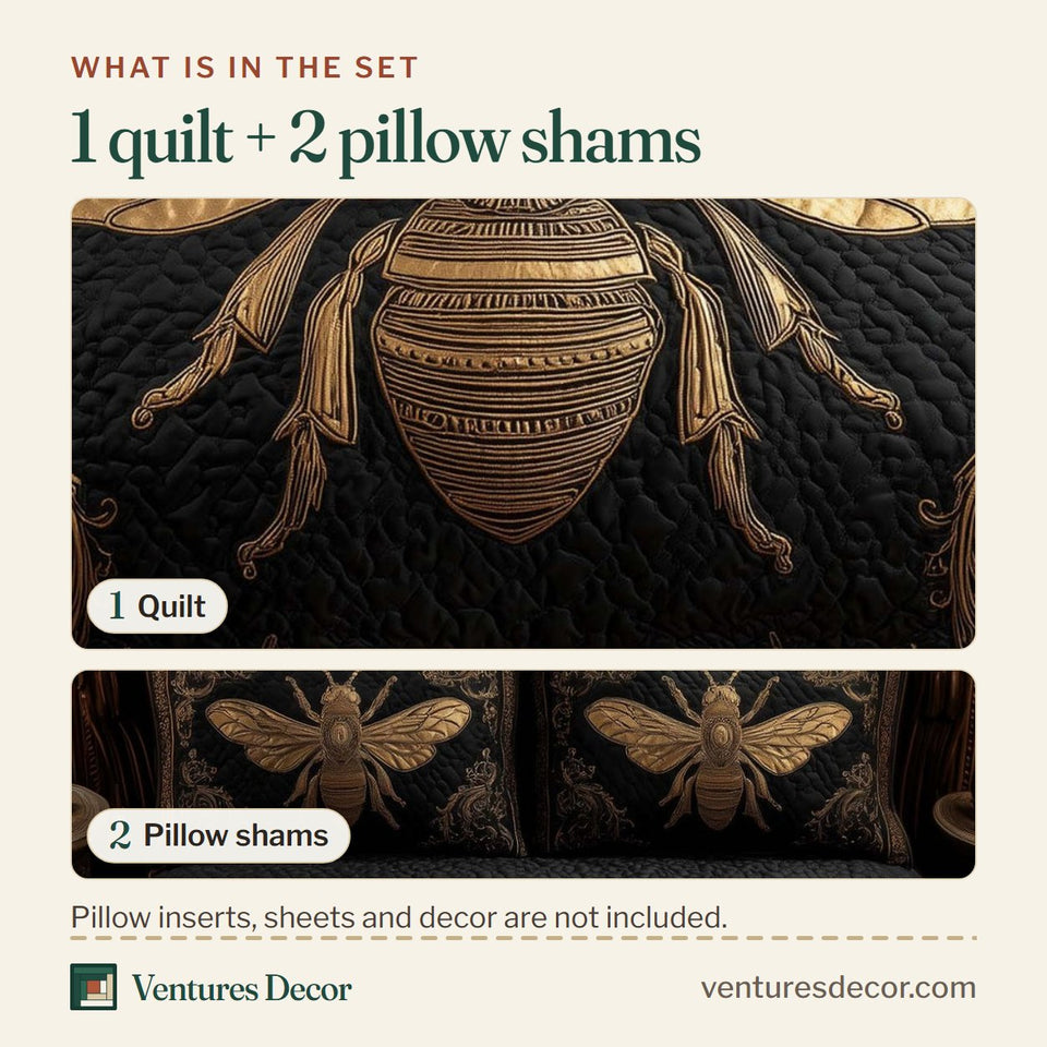 What is in the set: one quilt and two pillow shams, shown in the Gilded Honey Bee Crest design