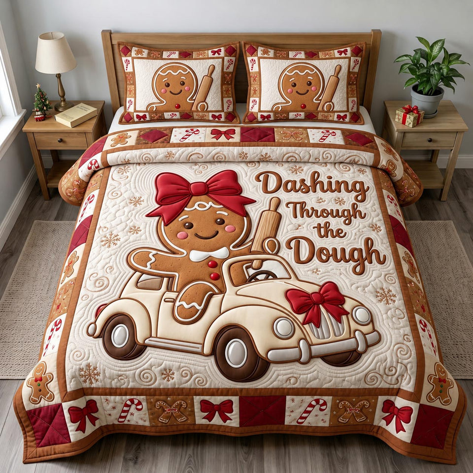 Gingerbread Man quilted bedding set, quilt and two pillow shams on a made bed