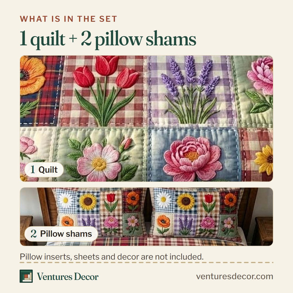 What is in the set: one quilt and two pillow shams, shown in the Gingham Flower Basket Blocks design