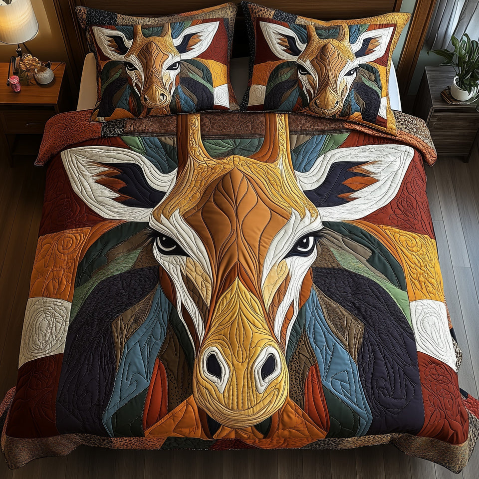 Giraffe Patchwork quilted bedding set, quilt and two pillow shams on a made bed
