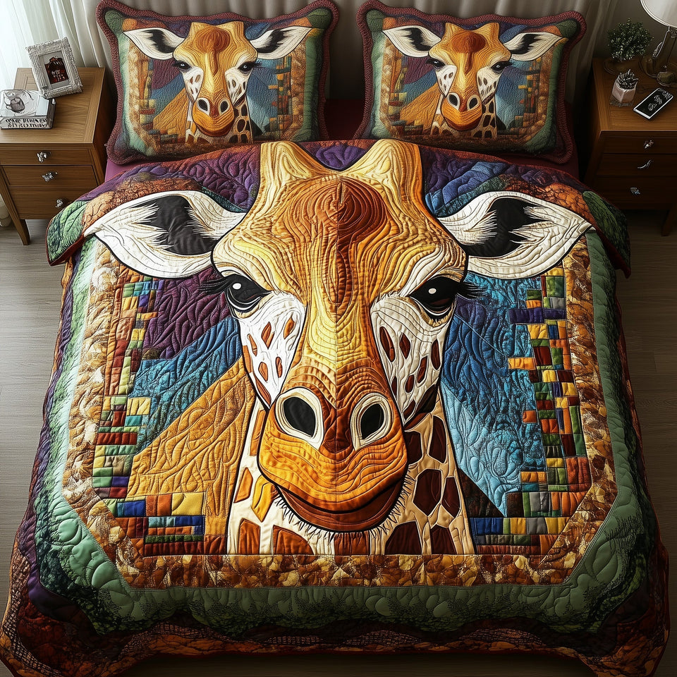 Giraffe Rainbow Color Block Portrait quilted bedding set, quilt and two pillow shams on a made bed