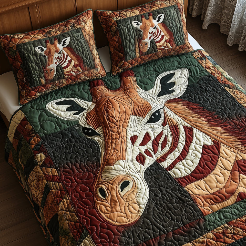 Giraffe Red and Green Patchwork Frame quilted bedding set, quilt and two pillow shams on a made bed