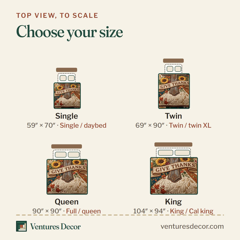 Size guide for the Give Thanks Cross Banner quilt, top view to scale: Single 59 x 70 in, Twin 69 x 90 in, Queen 90 x 90 in, King 104 x 94 in