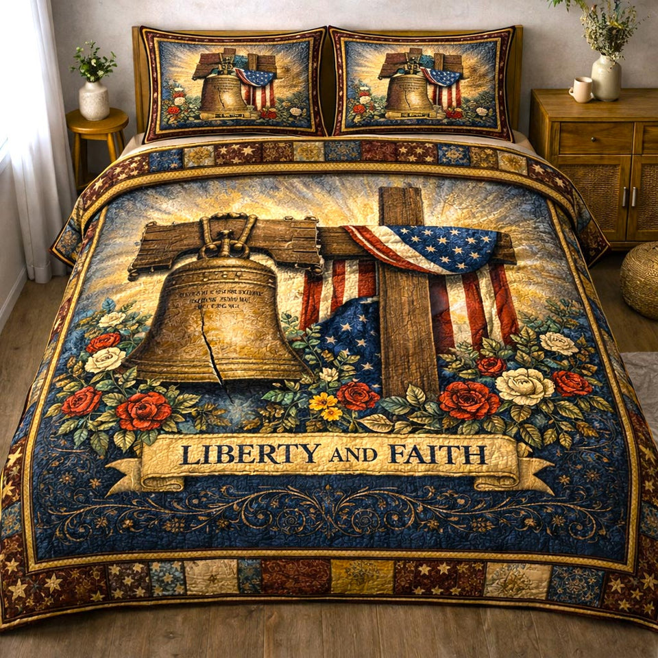 Glory Cross Liberty Bell and Roses quilted bedding set, quilt and two pillow shams on a made bed