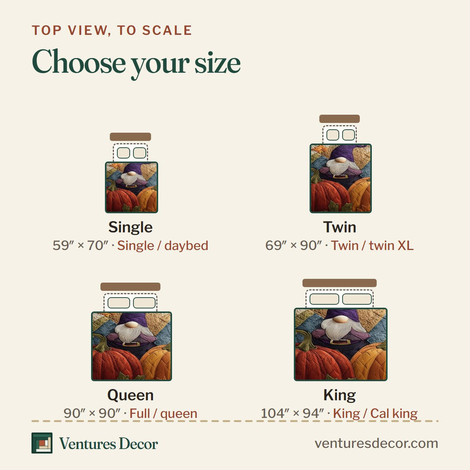 Size guide for the Gnome Harvest Pumpkin Patchwork quilt, top view to scale: Single 59 x 70 in, Twin 69 x 90 in, Queen 90 x 90 in, King 104 x 94 in