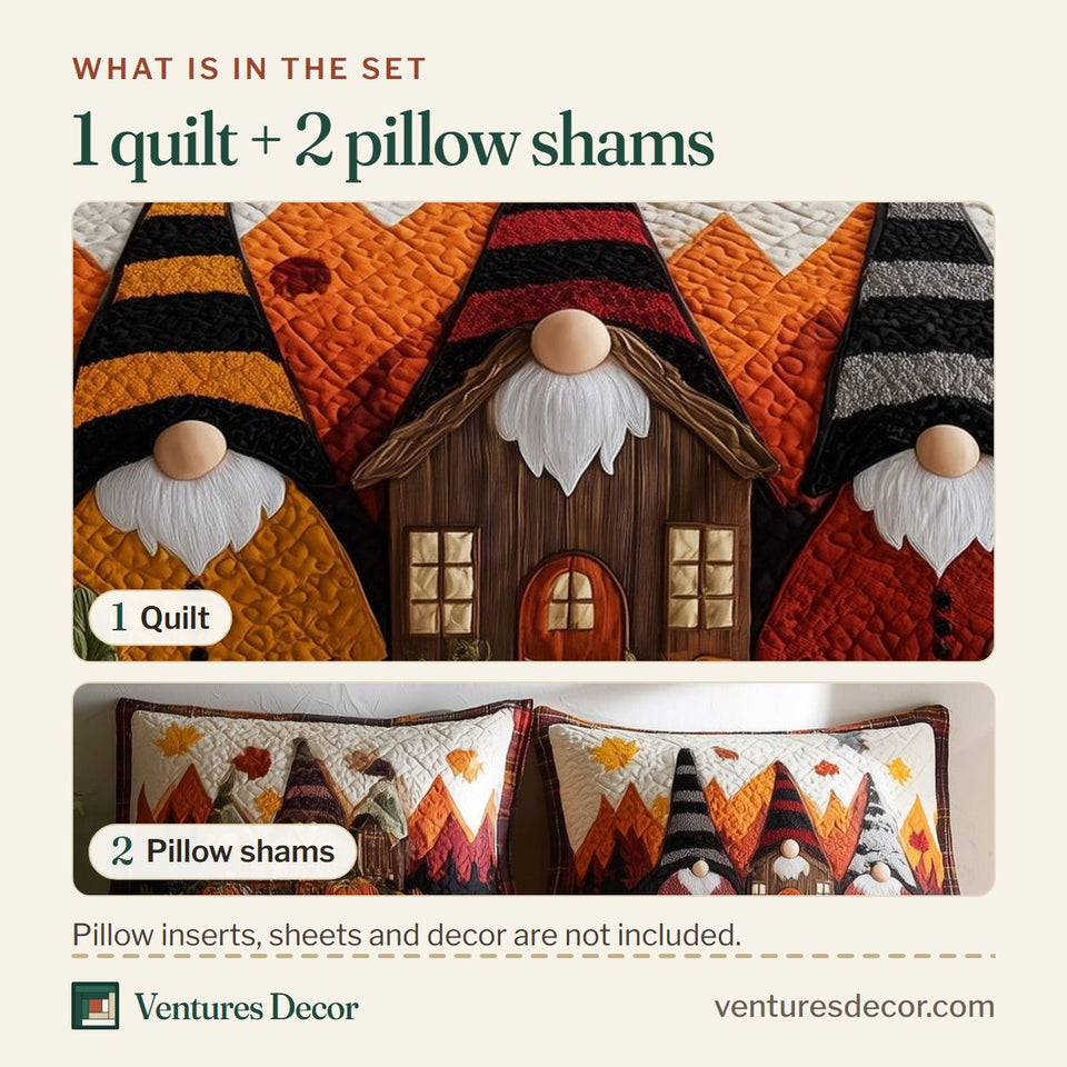 What is in the set: one quilt and two pillow shams, shown in the Gnome House design
