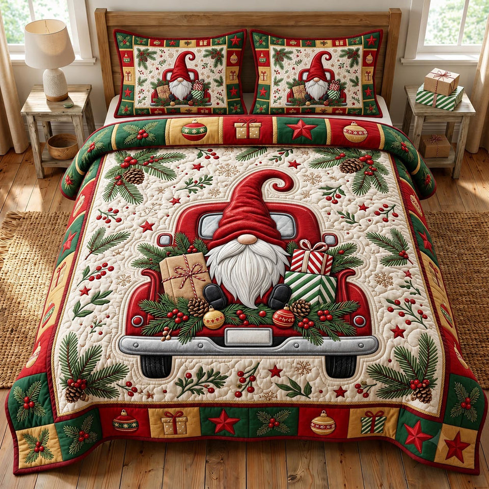 Gnome in the Red Pickup quilted bedding set, quilt and two pillow shams on a made bed